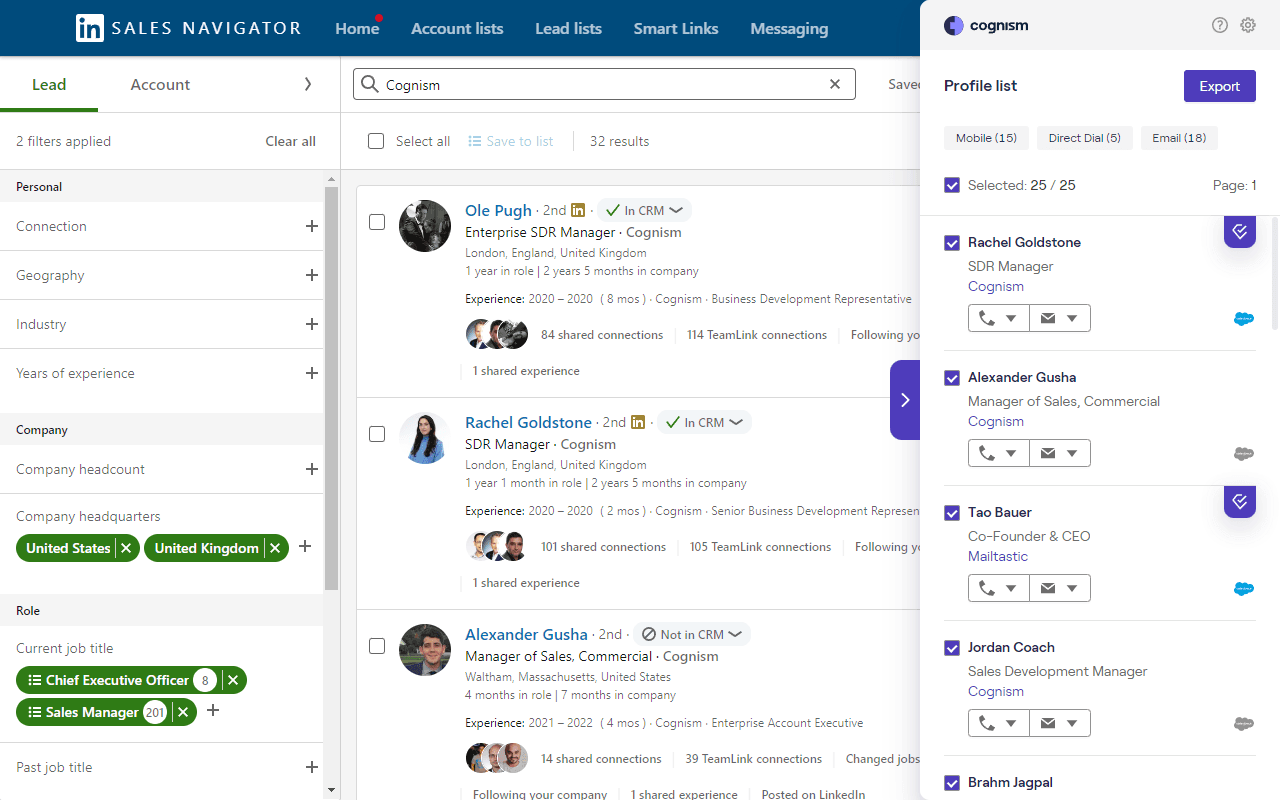 Cognism dashboard showing verified contacts, accuracy score, and credit usage.