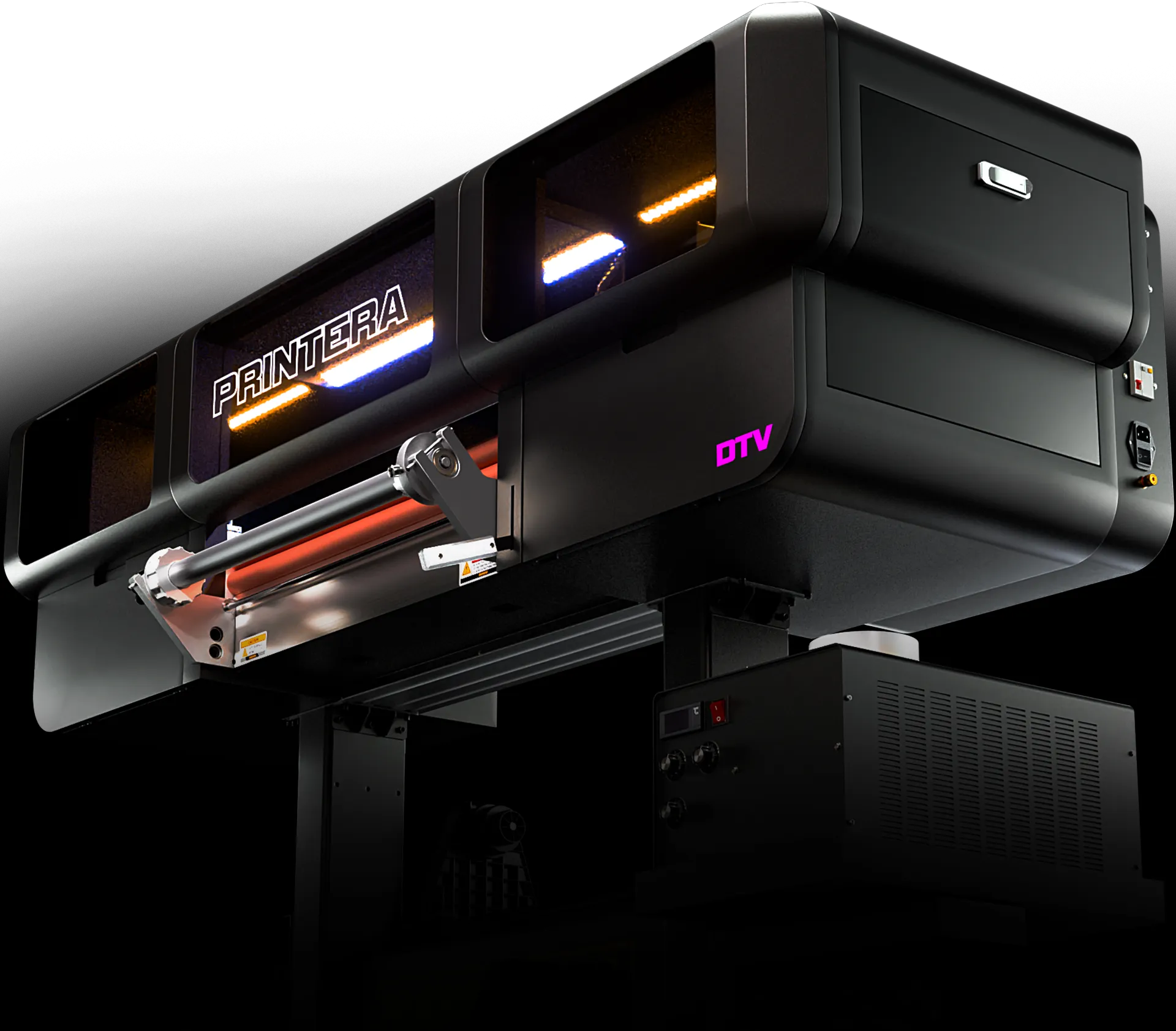Low-angle render of the Printera Pro UV DTF printer, highlighting its robust design equipped with the reliable BYHX S-Series motherboard for stable and long-lasting performance