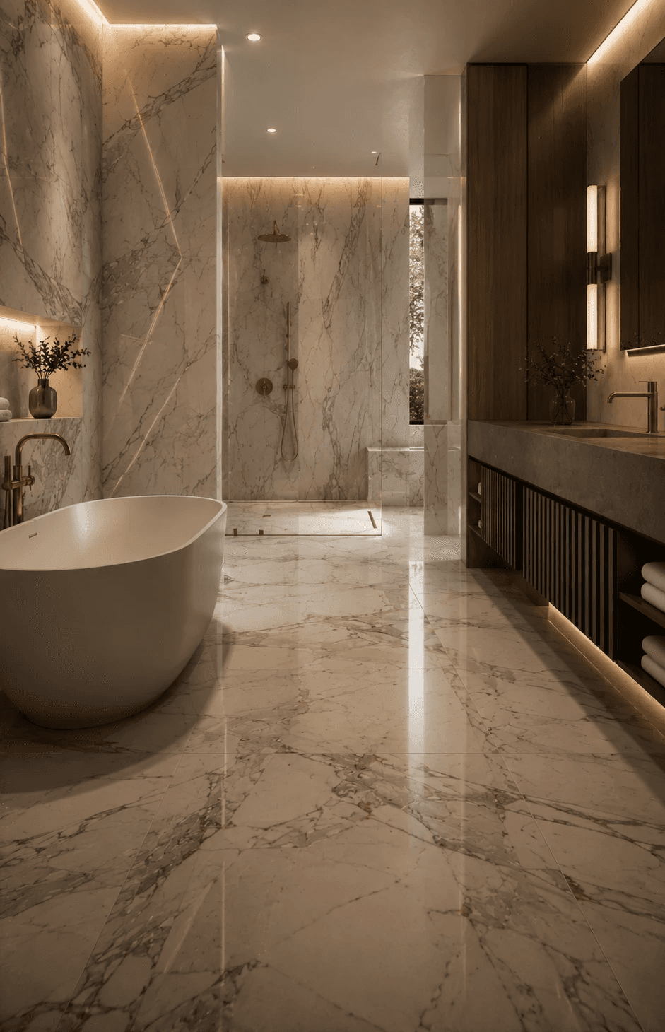Modern bathroom featuring a walk-in shower, wooden vanity, round mirror, and elegant marble tiles.