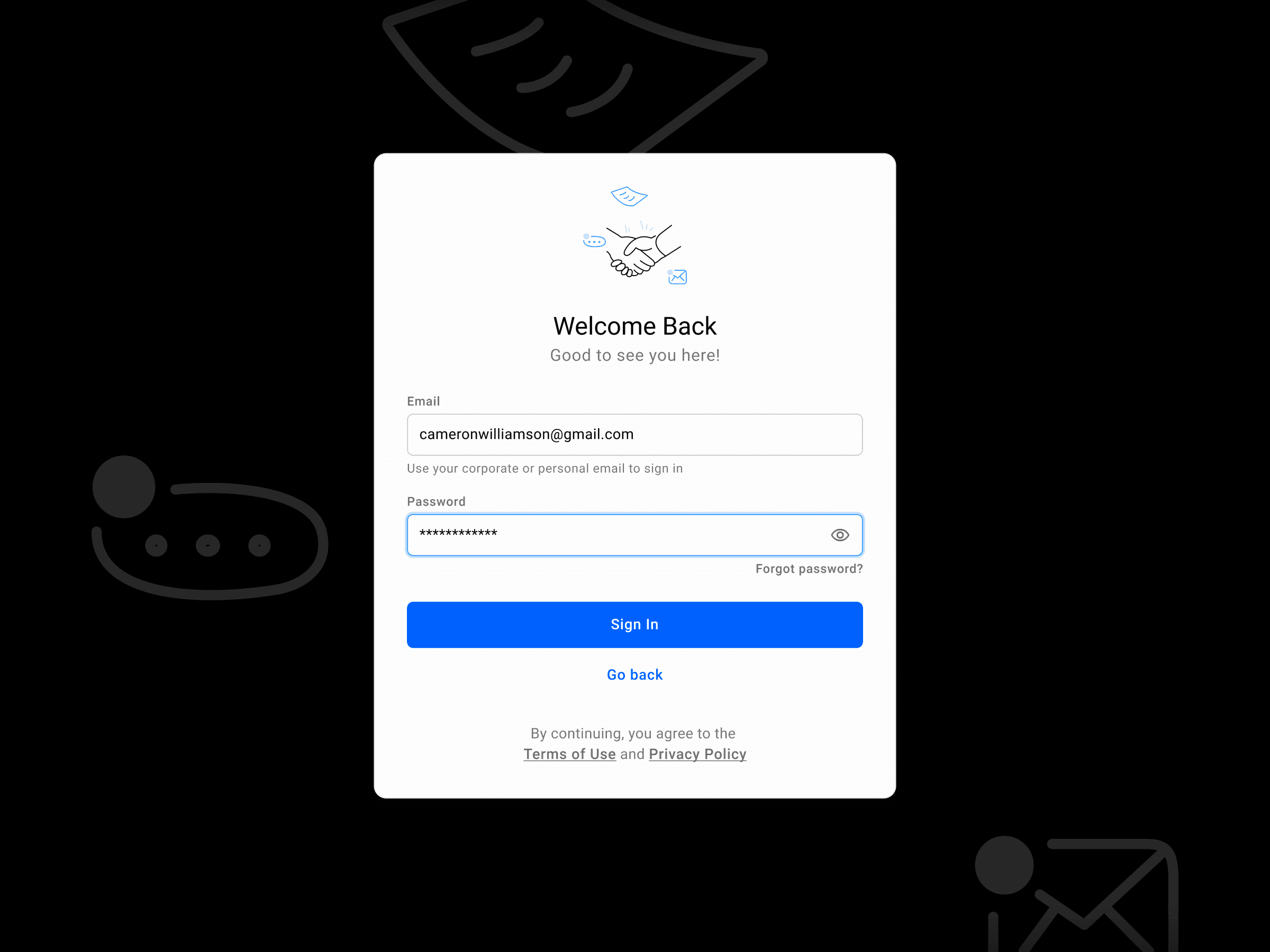 Экран входа с сообщением «С возвращением». Видны поля для ввода адреса электронной почты и пароля, а под ними — синие кнопки «Войти» и «Назад». Над ними — значок рукопожатия.