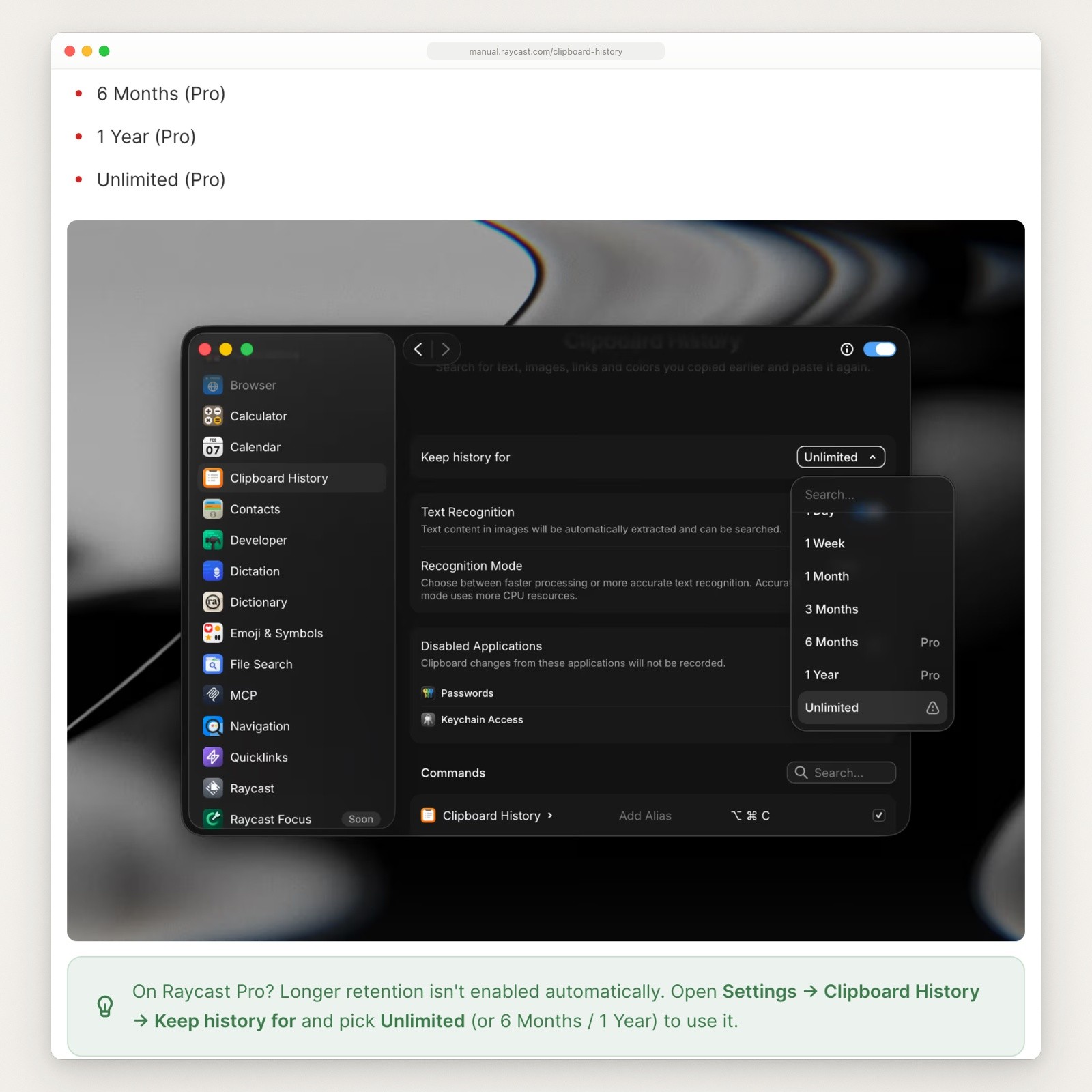 Raycast manual listing Keep history for options marked Pro, above a screenshot of Raycast settings with that menu open and a green tip for Raycast Pro users