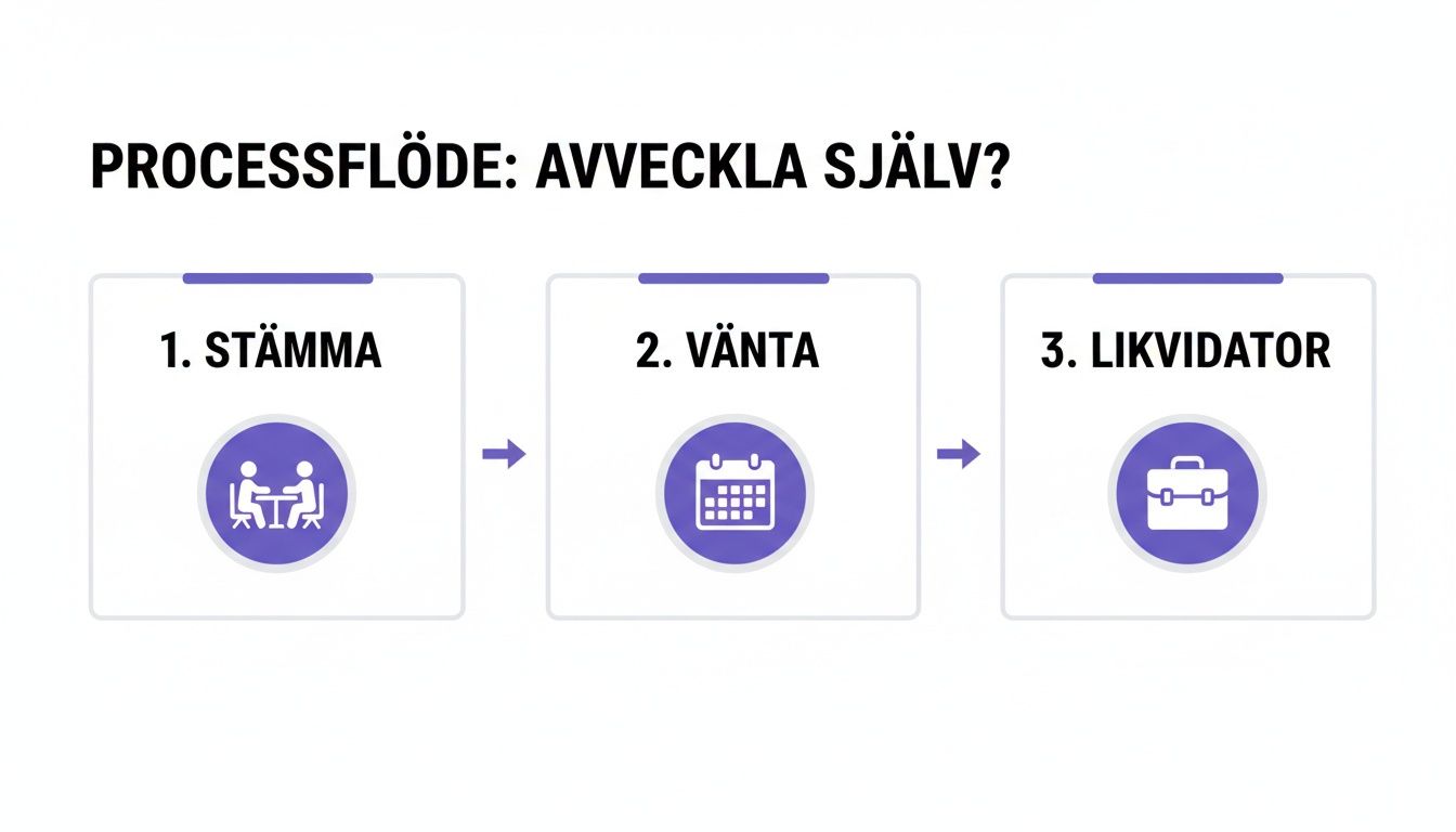 En processflödesgraf som visar tre steg för att avveckla ett aktiebolag: stämma, vänta, likvidator.