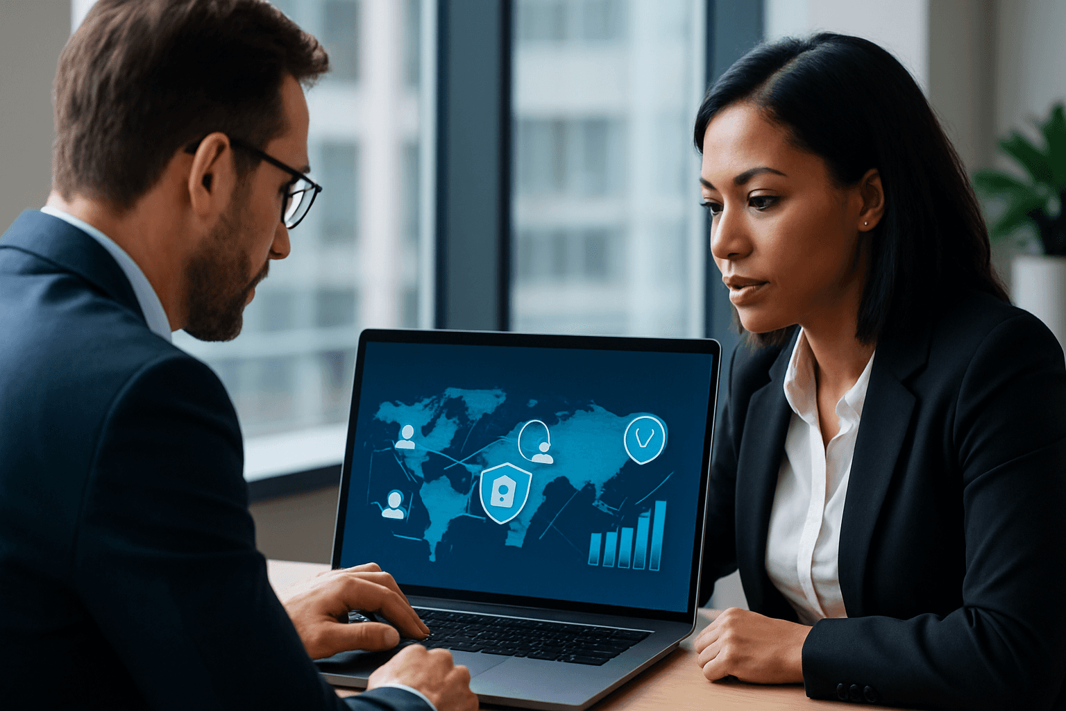Business professionals reviewing a digital payments dashboard on a laptop in a modern office, with charts and security icons symbolizing secure B2B transactions.