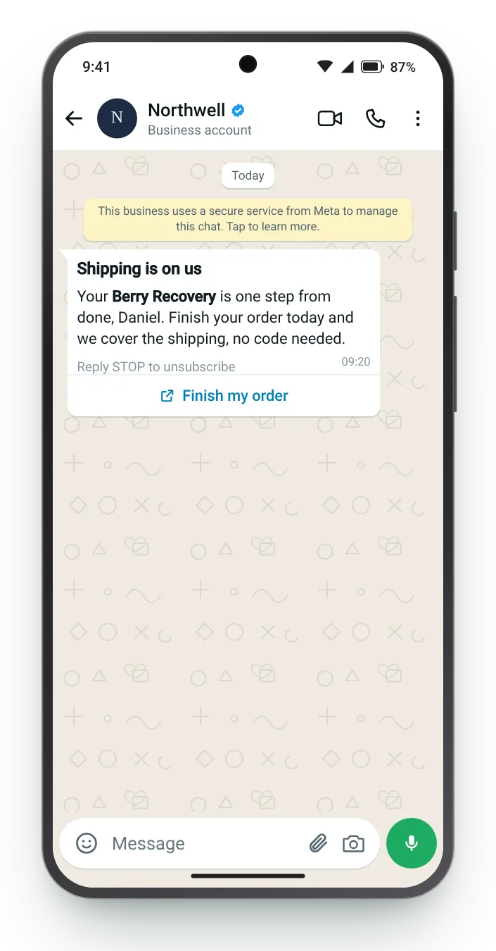 Shipping covered if they finish today: WhatsApp cart reminder on an Android phone