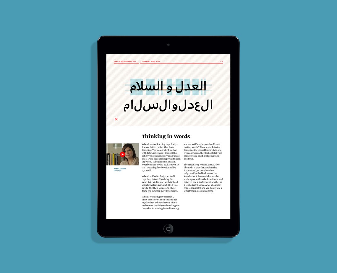 A tablet displays a webpage titled “Thinking in Words” in Arabic script. The page includes a video titled “Nudine Chahine Designer” and a text block discussing the design process and typography. A red “X” marks the page’s title.