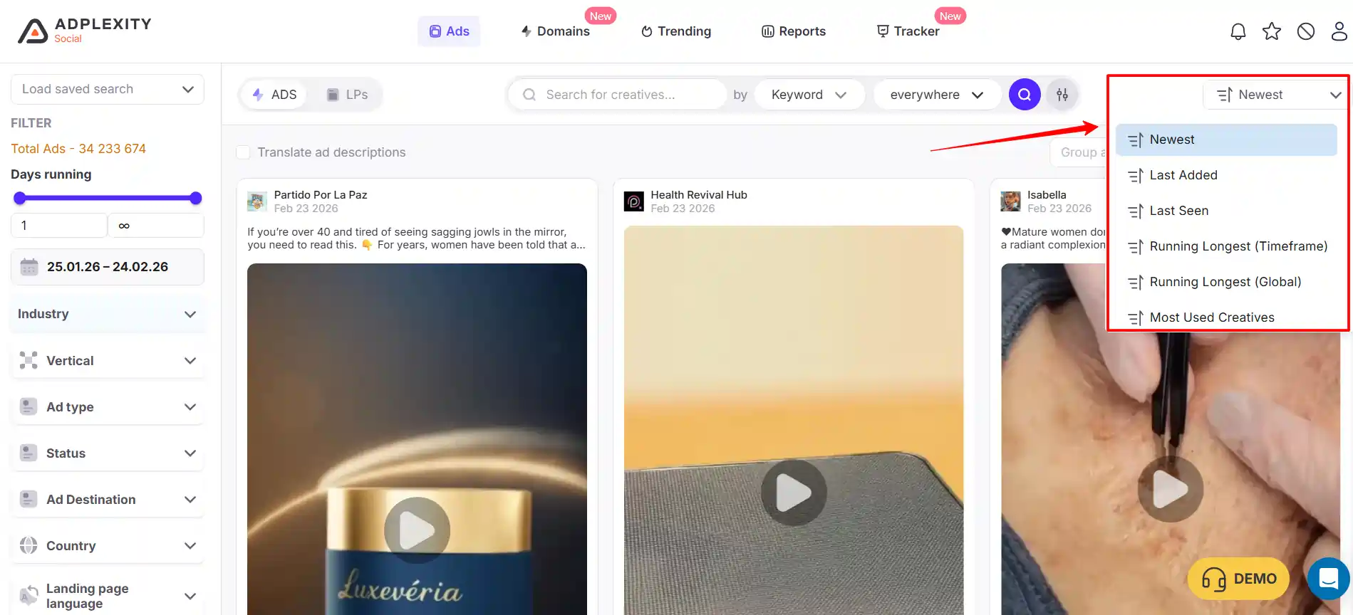 Sorting and Organizing Winning Campaigns in Adplexity Social