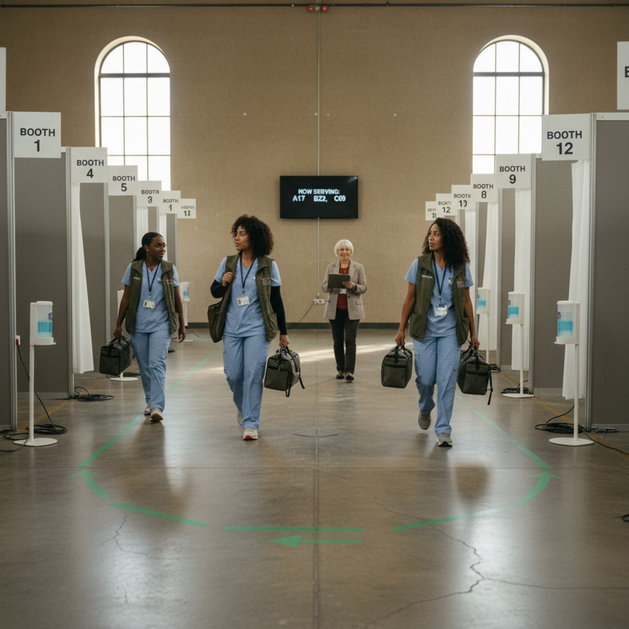 In einer großen Halle sind mehrere Impfkabinen klar nummeriert. Zwei Teams gehen gleichzeitig zu ihren Plätzen, während eine Koordinatorin mit einem Klemmbrett den Überblick behält. Weiches Licht fällt auf die markierten Wege. Die Szene zeigt Struktur, Taktung und reibungslosen Durchfluss.