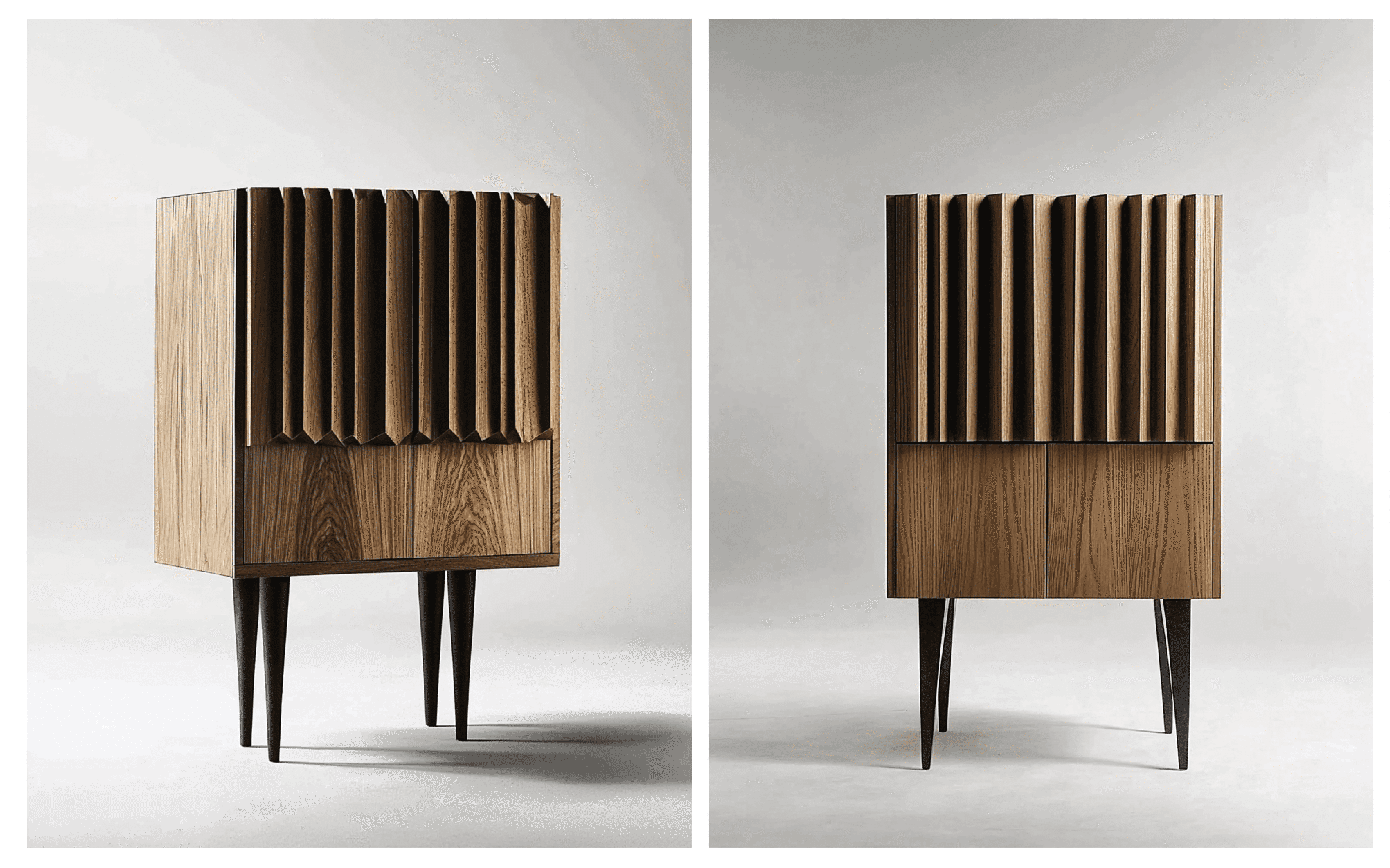 Aarohya Cabinet body_ Hand-hewn, polished Oak brown carved solid wood doors_ 2 soft-close  panels hand-carved, matte finished with  precision-milled, matte finished Black insets  connectors Base_Sleek, polished ebonised  wood legs with internal hidden LED lighting.  Joints: Oakwood body to Oak ebonized body using  Precision-pin stainless steel connectors and  plate _ Invisible magnetic connectors