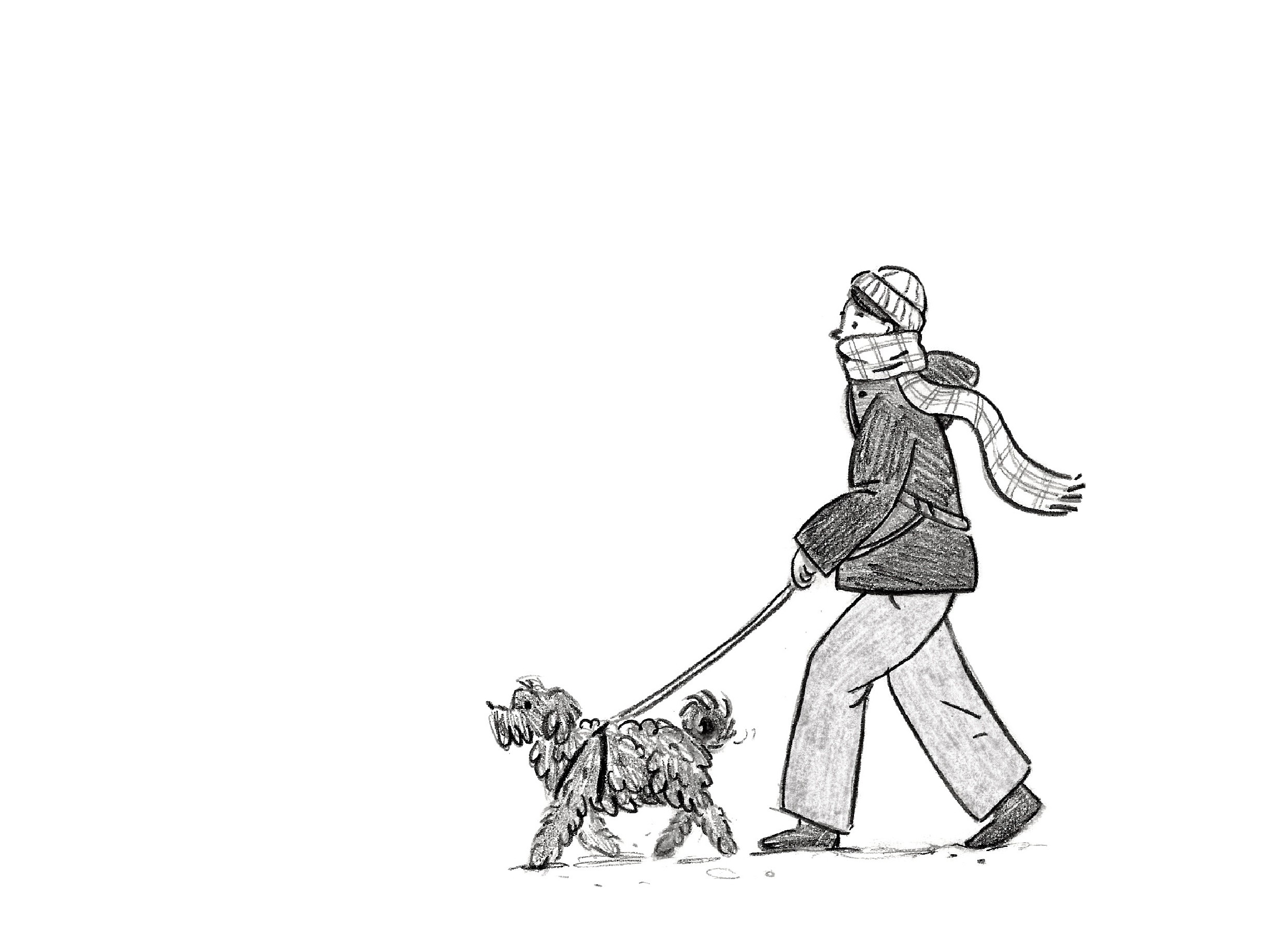 Pencil illustration of Choco and I walking
