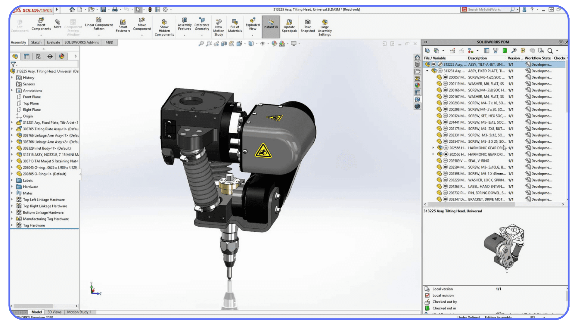 SolidWorks assembly workspace displaying a detailed mechanical tool with SolidWorks PDM file list visible on the right