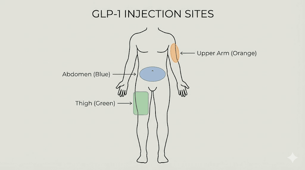 GLP-1 injection sites diagram showing abdomen thigh and upper arm locations