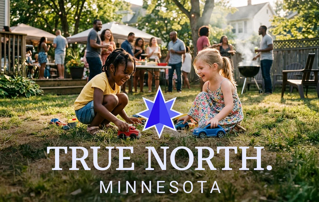A Black girl and a white girl, both around five years old, crouch together in a sunny backyard laughing and playing with toy cars and trucks, while a diverse group of adults gather and socialize around a grill and picnic table in the background. The True North. Minnesota logo is overlaid in the lower center of the image.