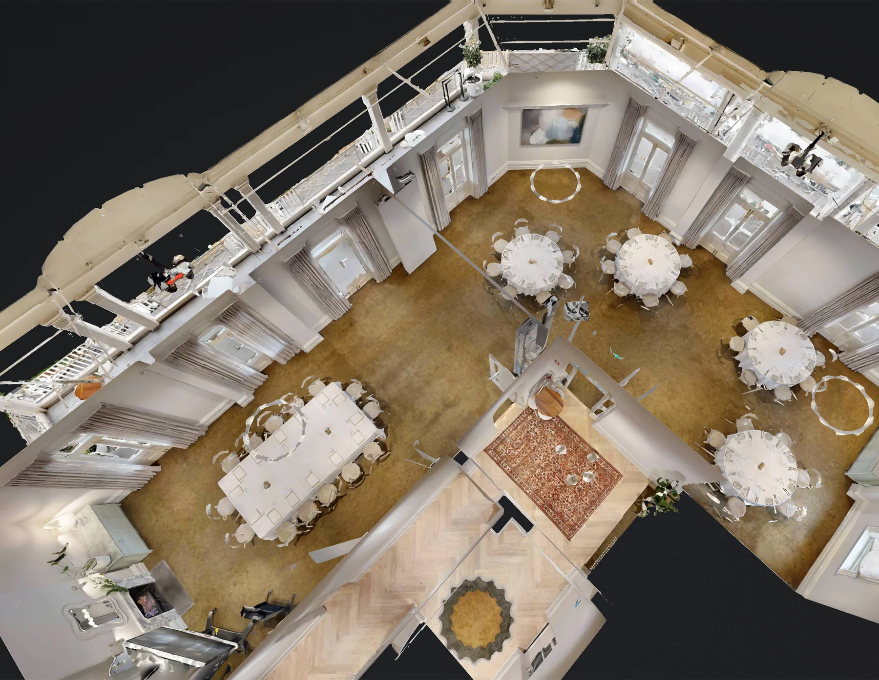 Top-down 3D dollhouse view of the Marryatville Hotel event space, captured by ABM visual for the Duxton Hospitality Group, showcasing the spatial layout of dining tables and seating.