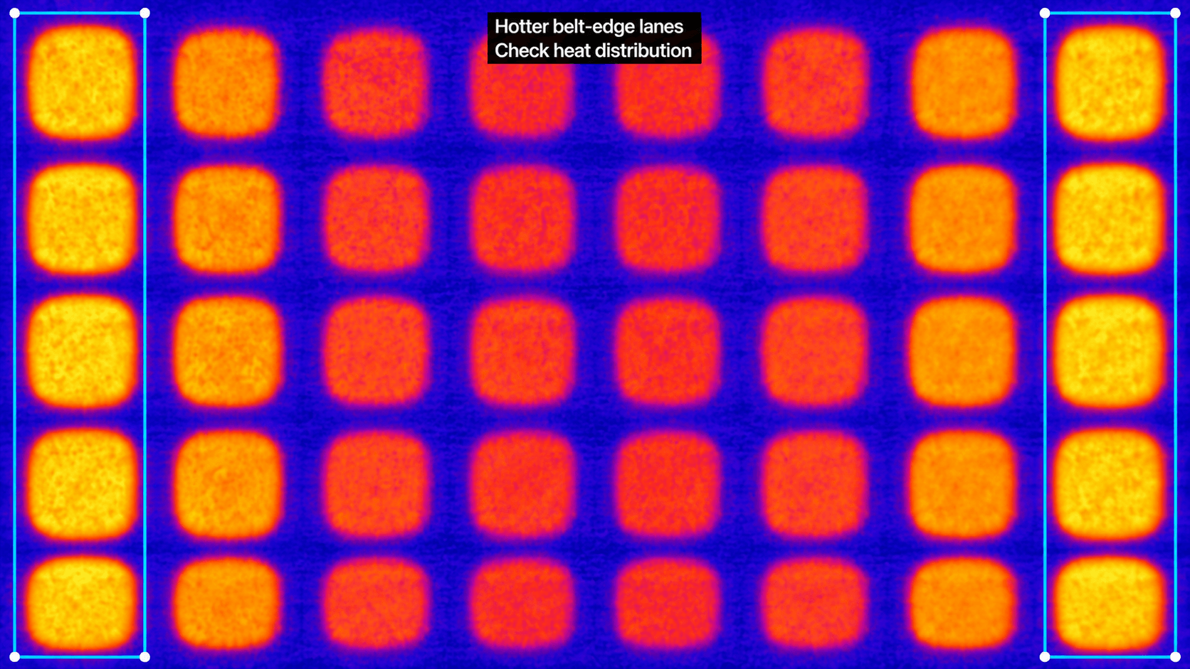 Crackers at both conveyor edges are hotter than crackers in the center lanes.