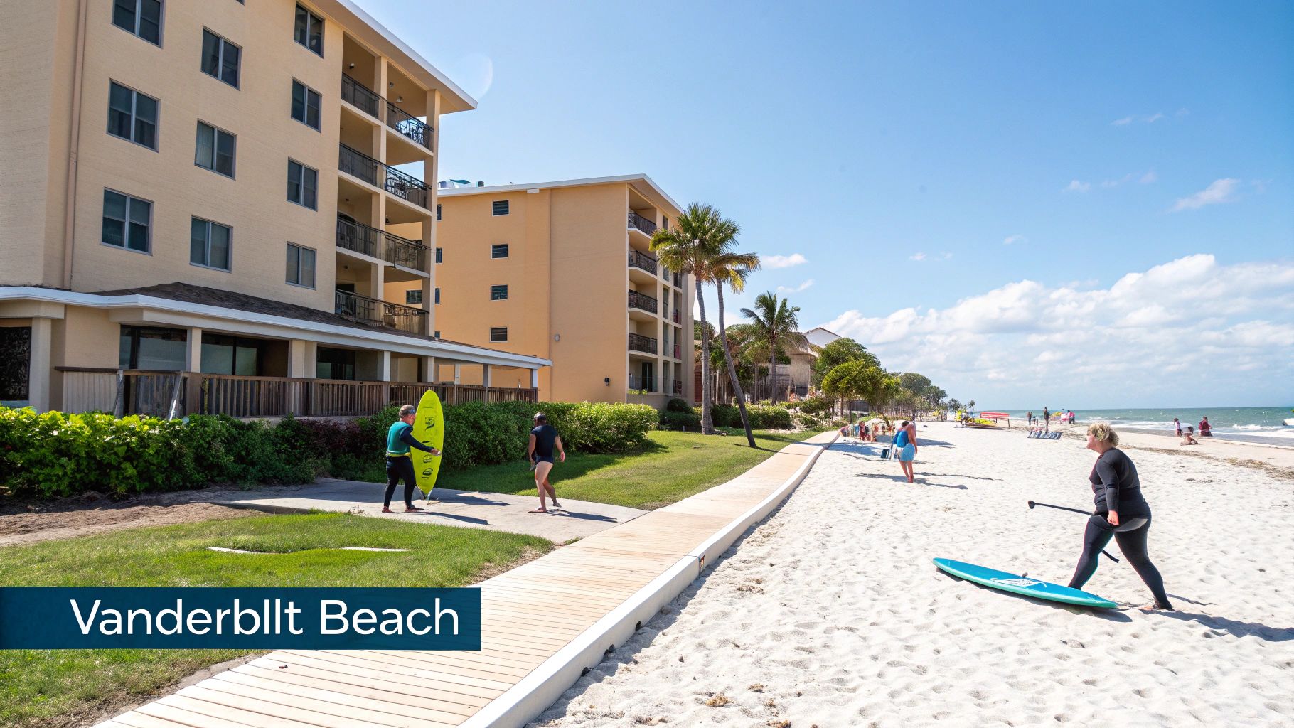 Sunny Vanderbilt Beach with people enjoying water sports and walking along the shore near buildings.