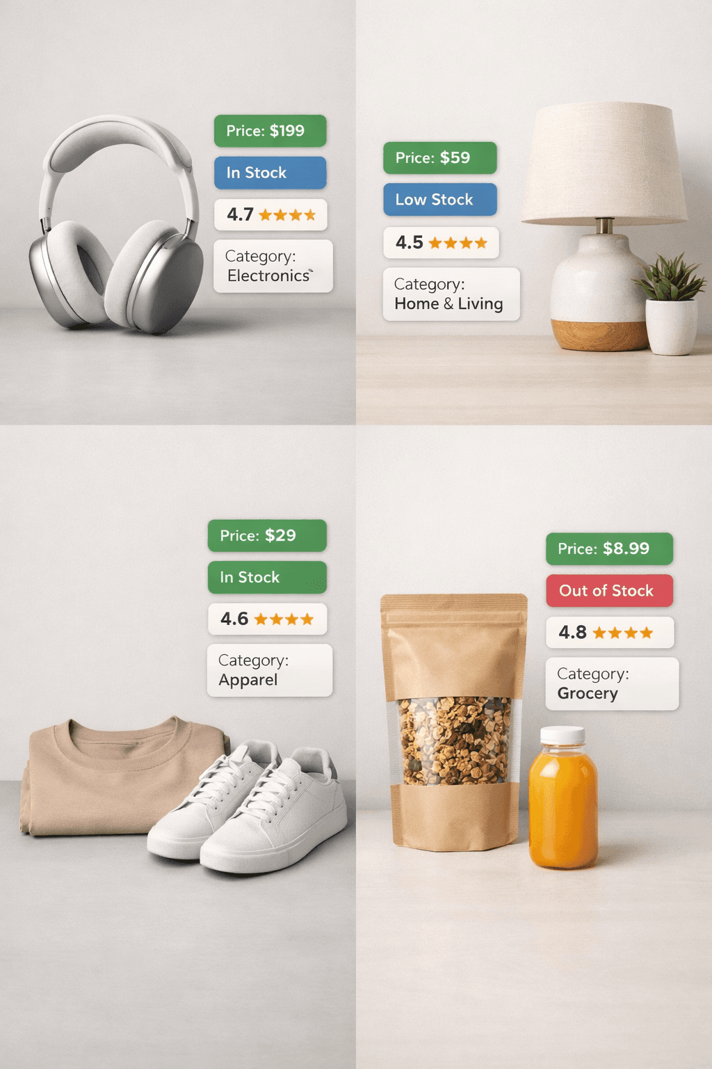 Multiple ecommerce products across categories showing price, stock status, ratings, and category data.