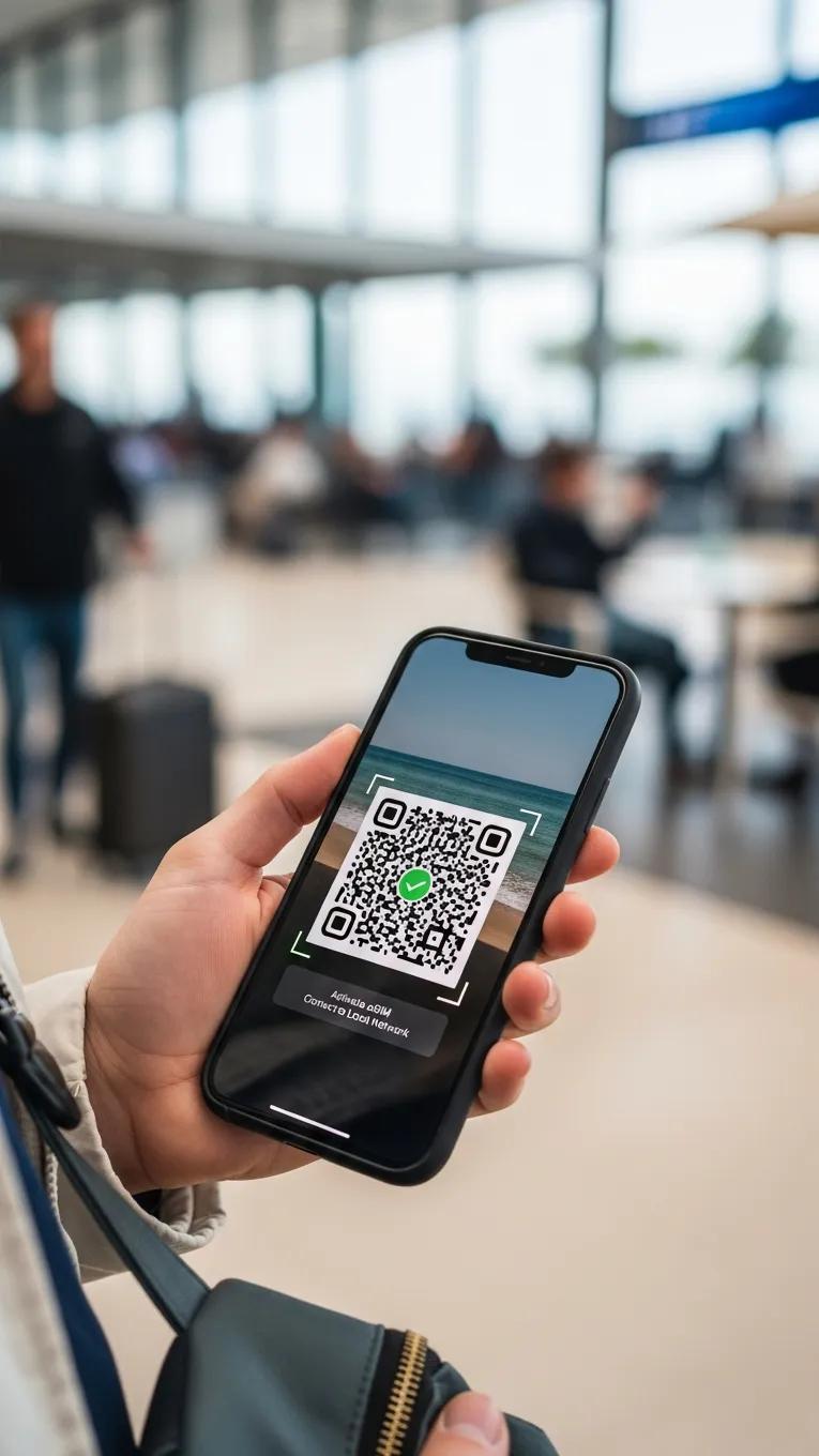 Person scanning a QR code on a smartphone in a travel setting, representing eSIM activation