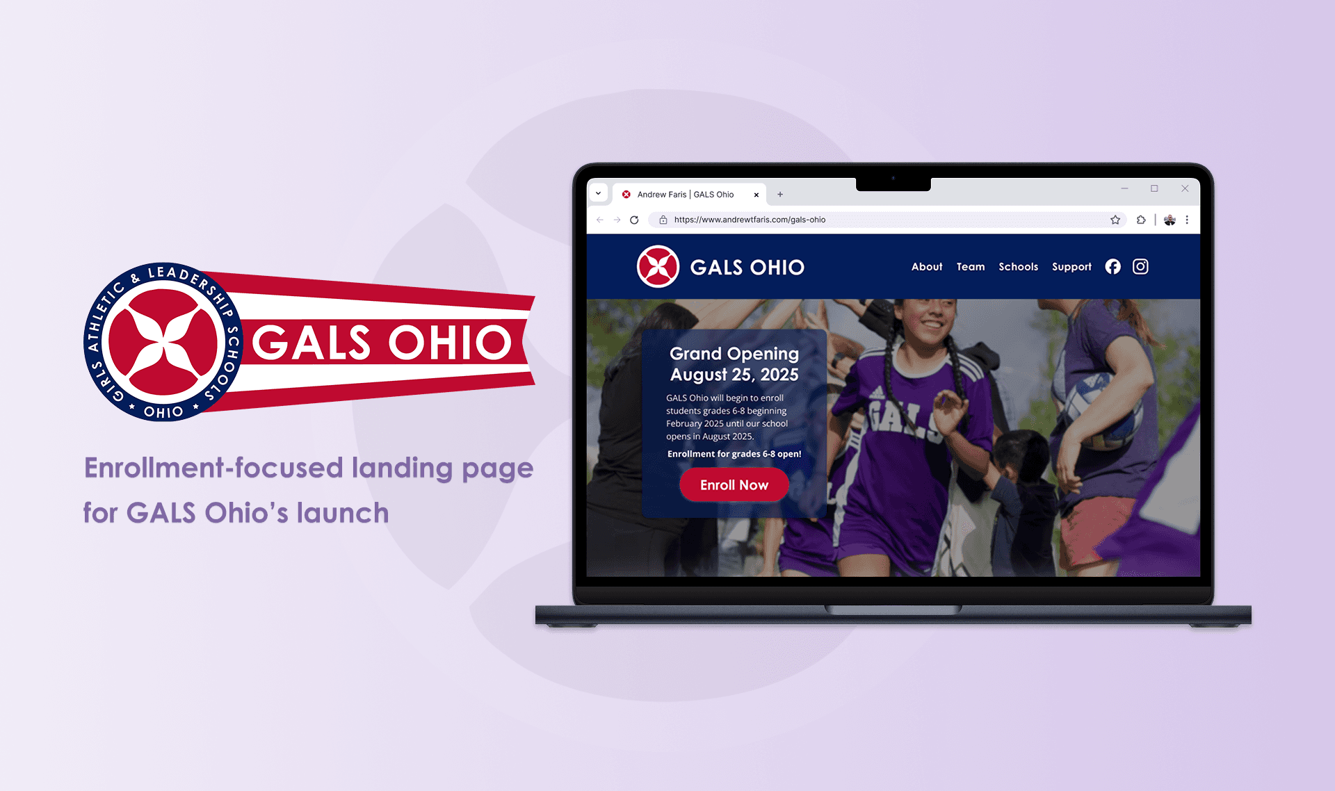 GALS Ohio logo variant alongside the enrollment-focused landing page displayed on a laptop.