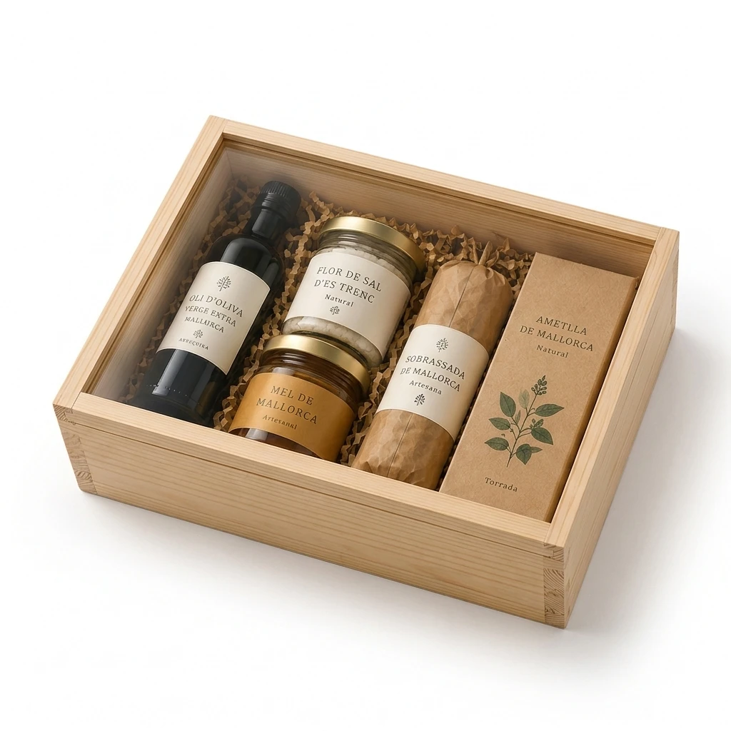 Artisan wooden gift box filled with local Mallorcan gastronomy.
