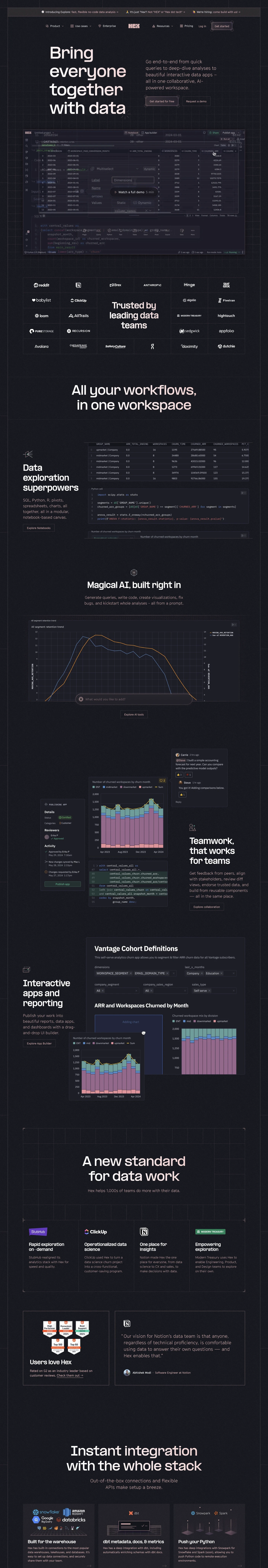 Hex landing page screenshot showcasing Tech design