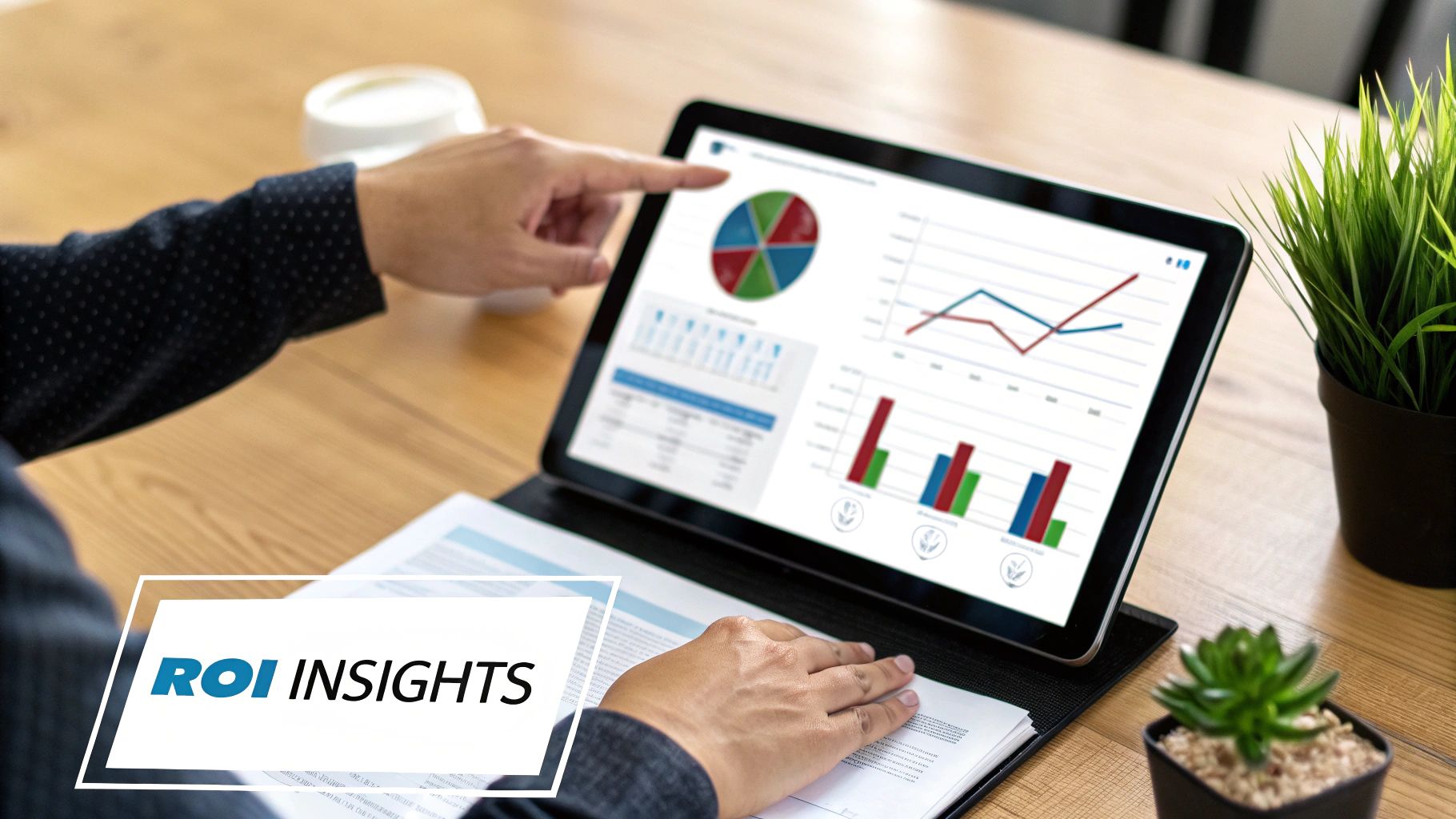 A person analyzing business data on a tablet with charts and graphs on a wooden desk, emphasizing ROI insights.
