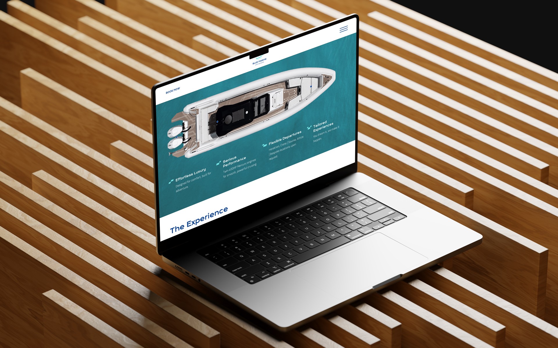 Digital application of the Blue Marine identity on a laptop screen, focusing on clean structure and user experience