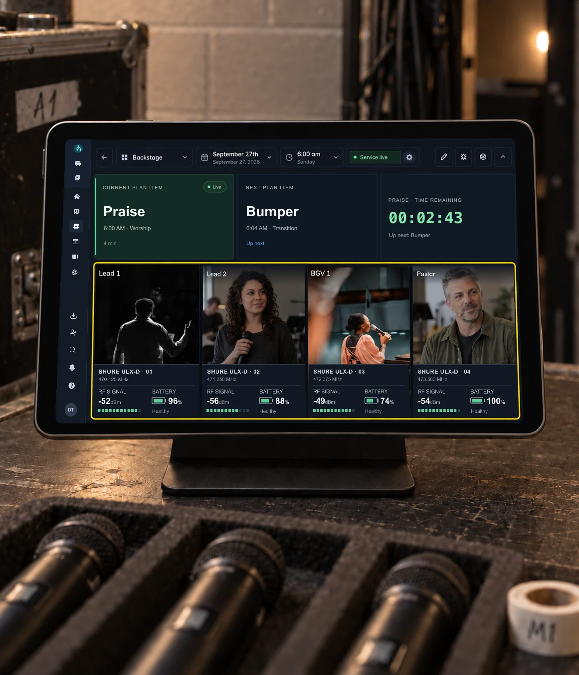 MxU backstage dashboard with Praise live, Bumper up next, a 02:43 countdown, and four mic assignments showing profile photos, RF signal, and battery health