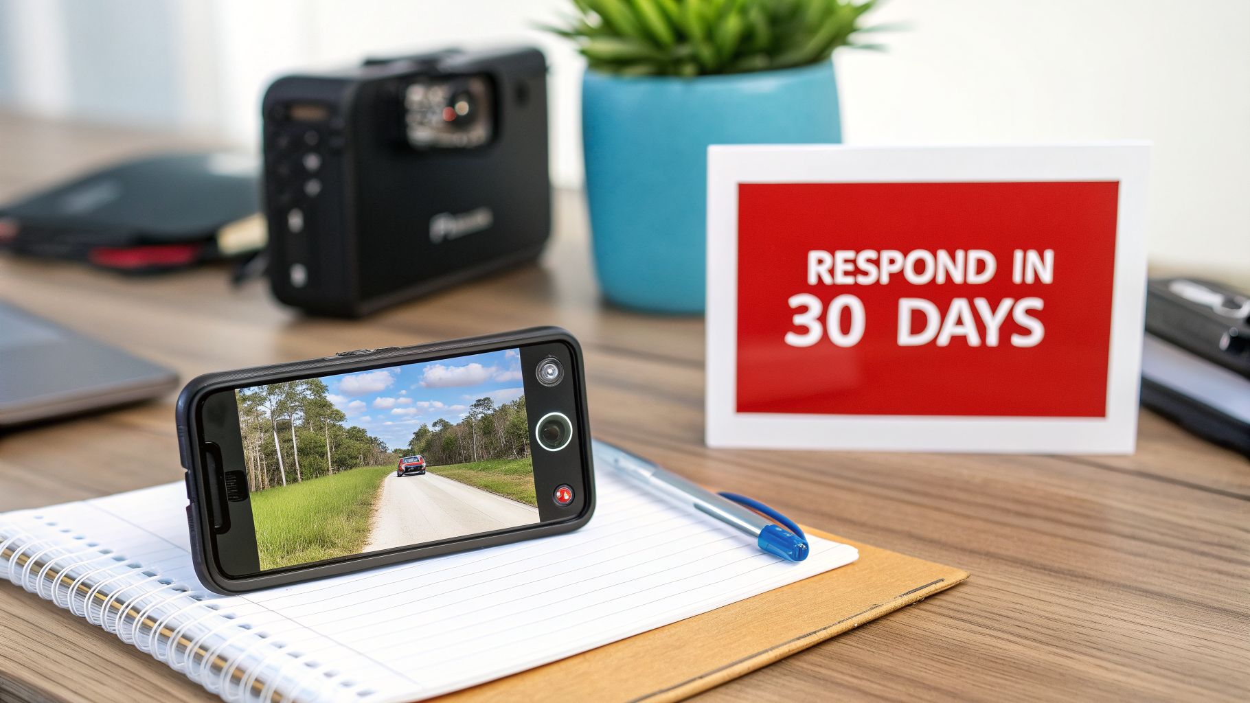 A desk with a smartphone displaying a car on a road, a notebook, and a sign saying 'RESPOND IN 30 DAYS'.