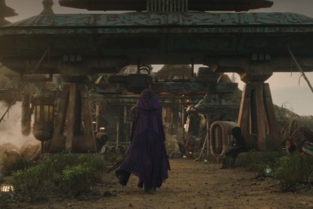 A war-torn and cluttered gate on the planet Ueda in Star Wars: Acolyte