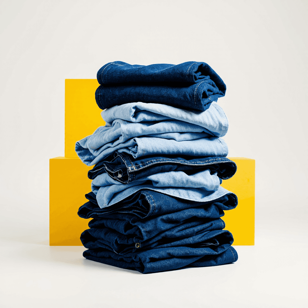 product photography of a stack of jeans, used for clothing