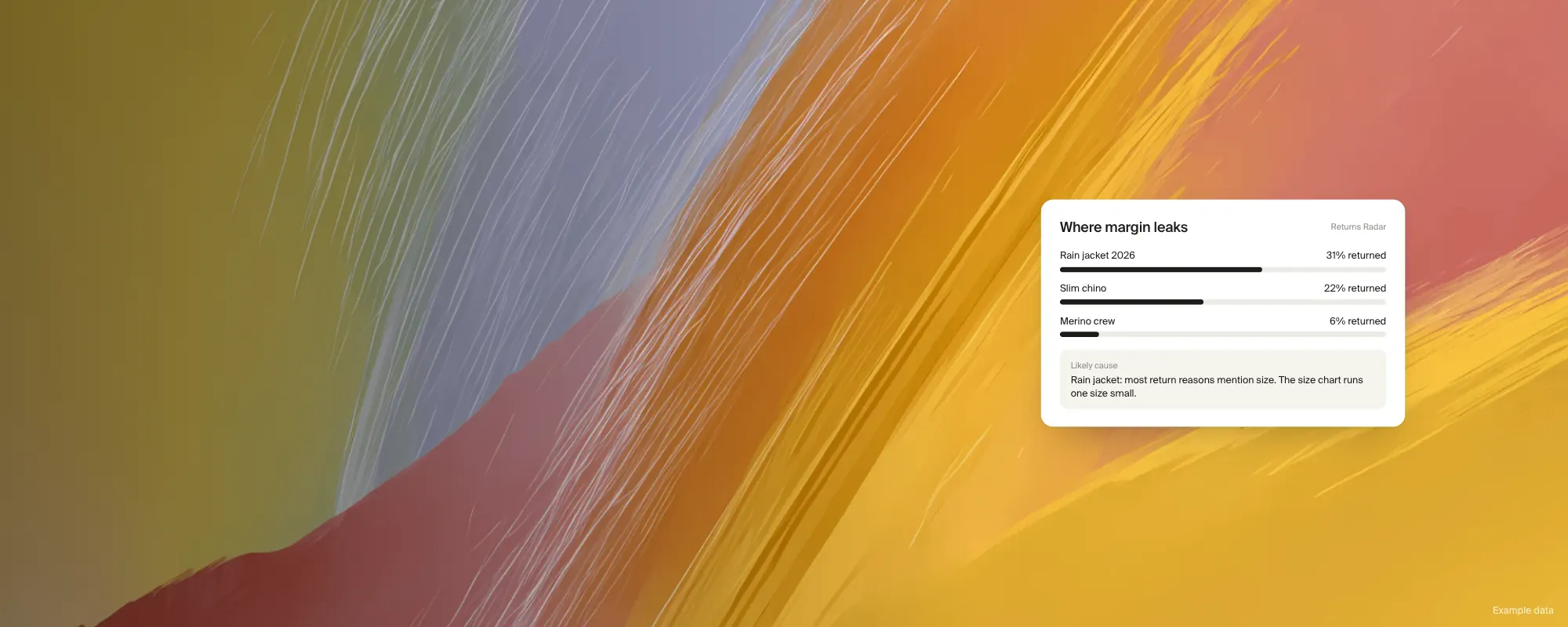 Returns Radar in Commerce365 with return rate per product and a likely cause