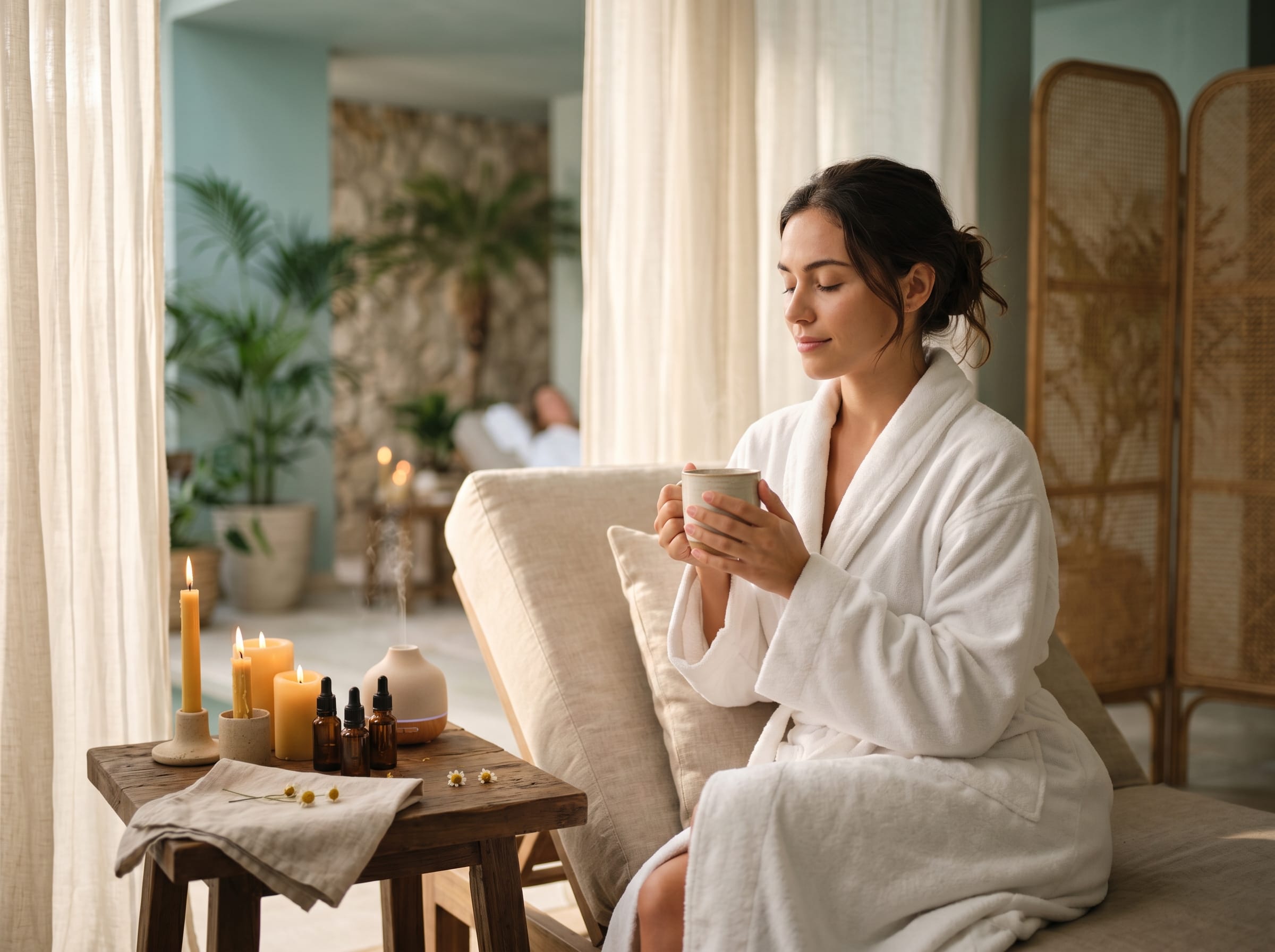 Woman in spa robe relaxing with herbal tea beside candles and essential oils