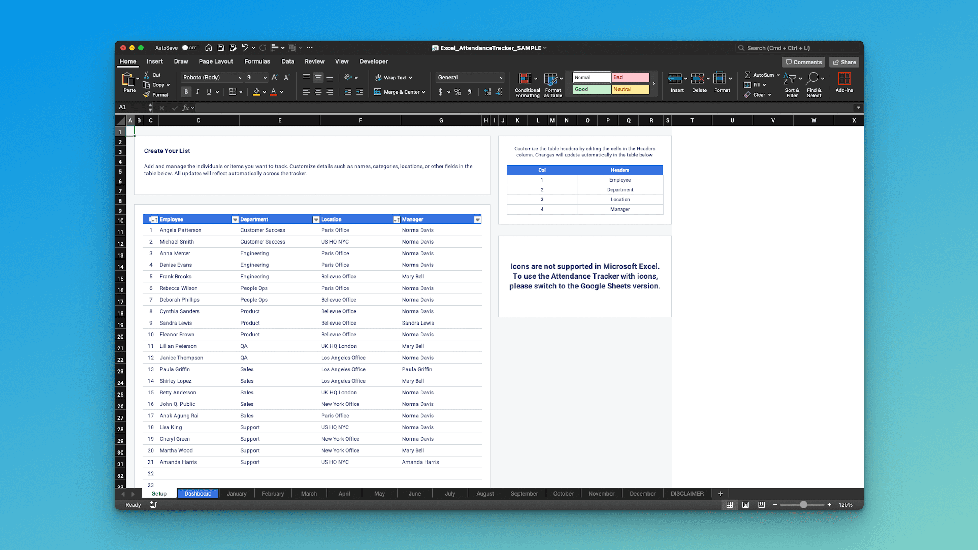 Attendance Tracker setup view – customize your list with employee icons, names, departments, offices, and category headers for easy tracking and updates