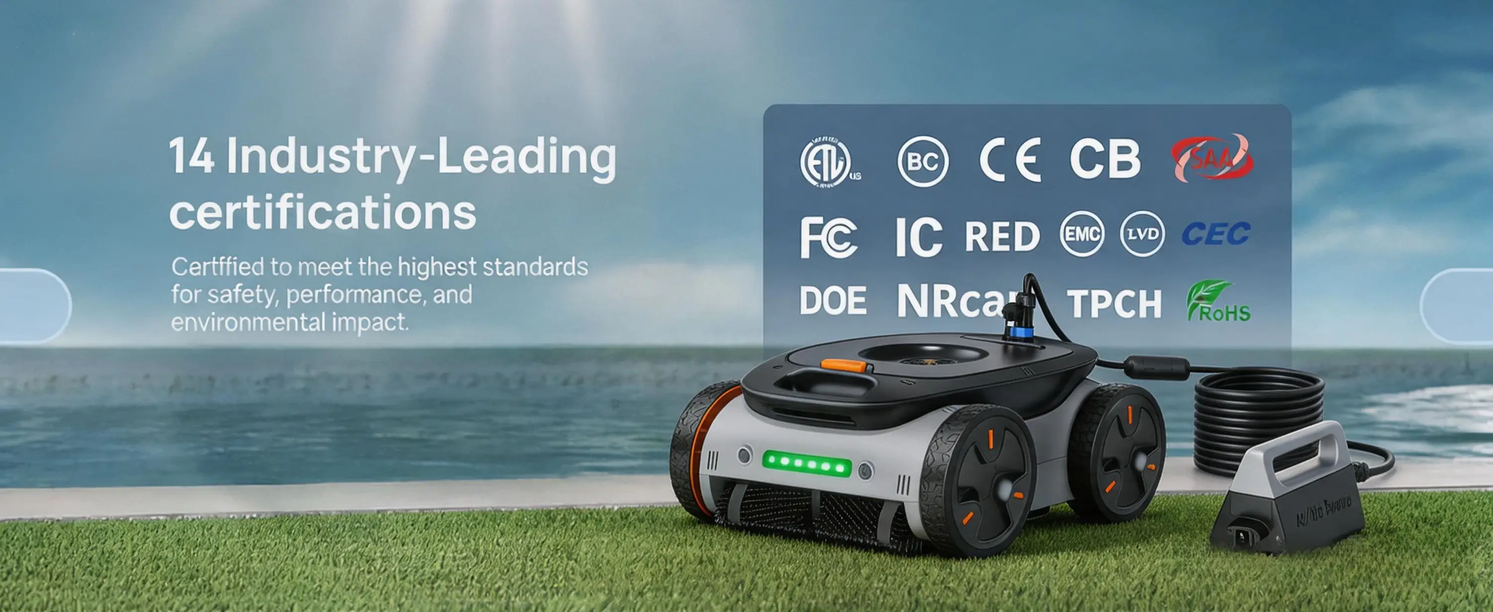 AI pool cleaner robot with glowing LEDs cleaning a modern swimming pool at dusk.