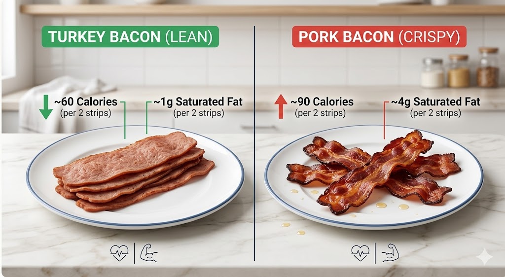 A side-by-side infographic comparison showing the nutritional differences between turkey bacon and pork bacon. The left side features a stack of turkey bacon on a plate with labels indicating lower calories and saturated fat. The right side features crispy pork bacon on a plate with labels indicating higher fat and calorie counts. The background is a clean modern kitchen setting, presented in a health magazine editorial style.