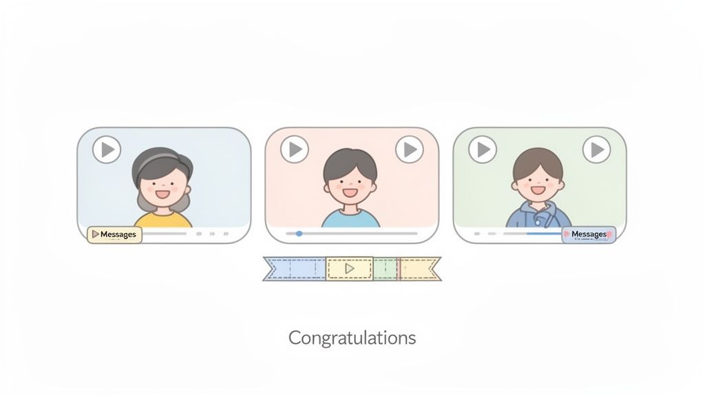 Three cartoon people in video call windows with messages and a 'Congratulations' banner.