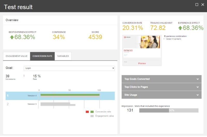 The test results page