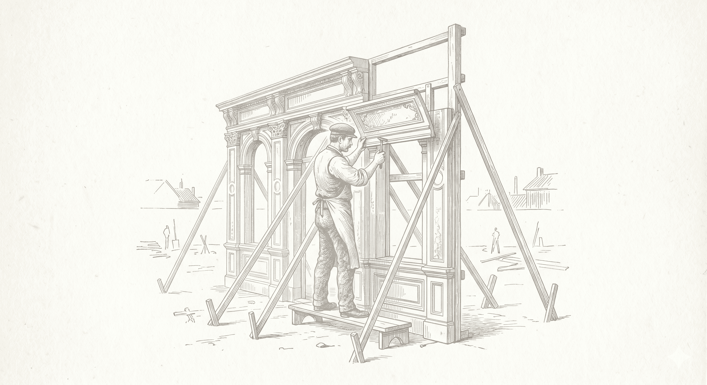 An intricate, faded sepia-toned etching from a vintage architectural journal, depicting a skilled 19th-century craftsman meticulously constructing a classical building facade on a temporary wooden framework.