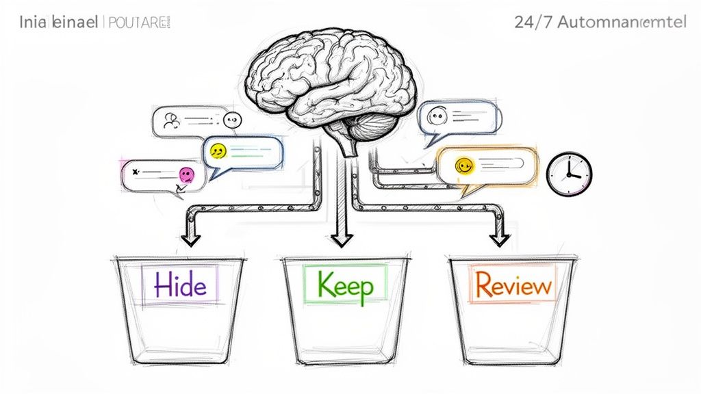 A brain diagram sorting various emoji-laden messages into hide, keep, and review bins.