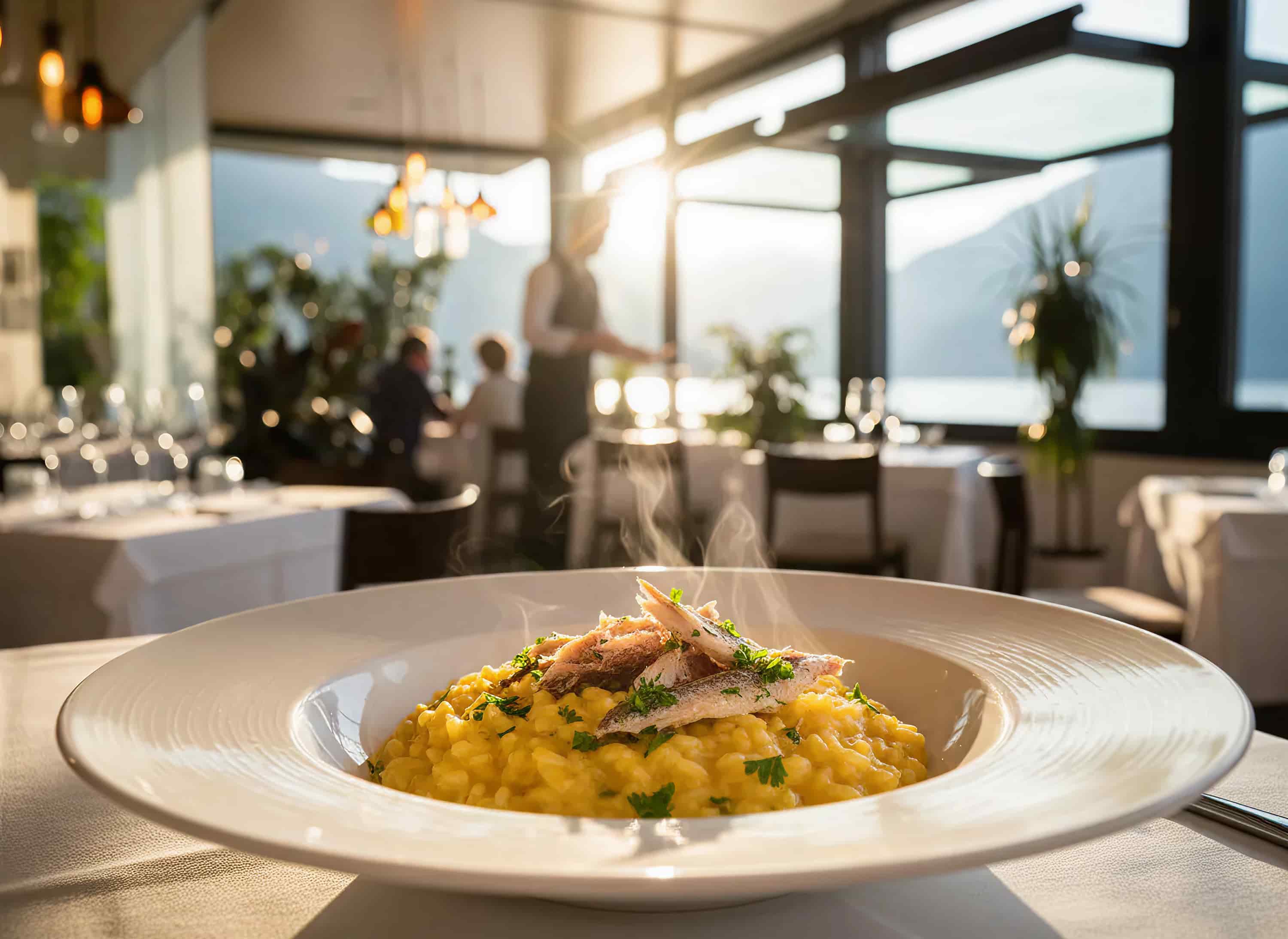 un piatto di risotto al pesce persico in primo piano sul lago di como