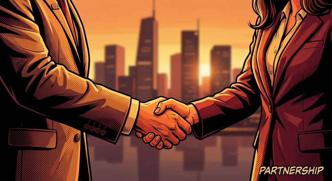 Handshake against city skyline at sunset, symbolizing RockN' Socials partnership.