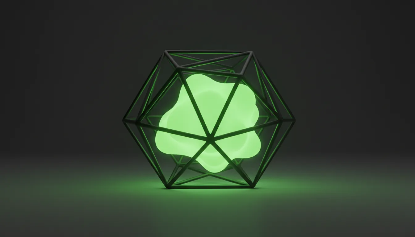 3D render of a luminous, amorphous organic shape glowing with a vibrant neon green light, contained within a dark matte icosahedron wireframe cage. The central object has a soft, gaseous quality, like a captured energy form. The scene is minimalist, featuring soft global illumination against a simple, dark studio backdrop. Blender style, abstract technology visualization.