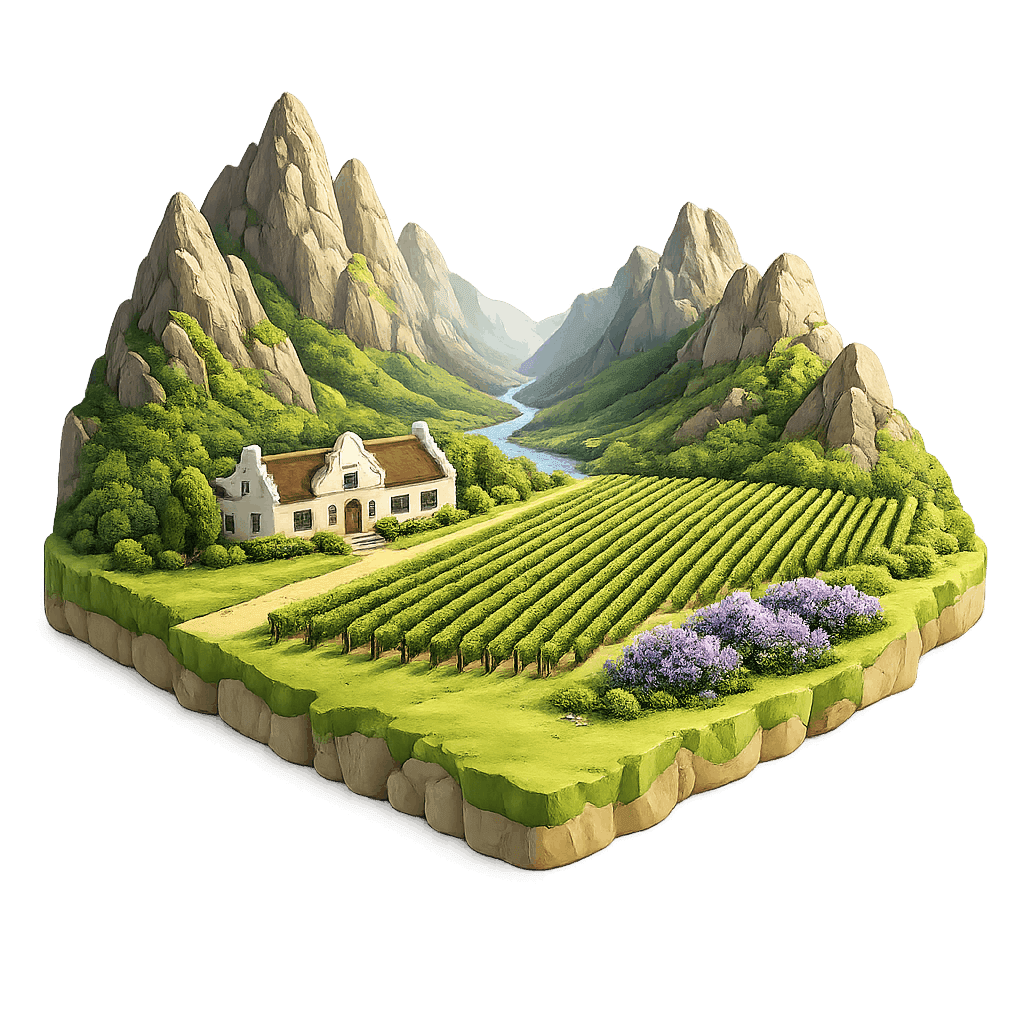 Artistic illustration of the Franschhoek Valley wine region.