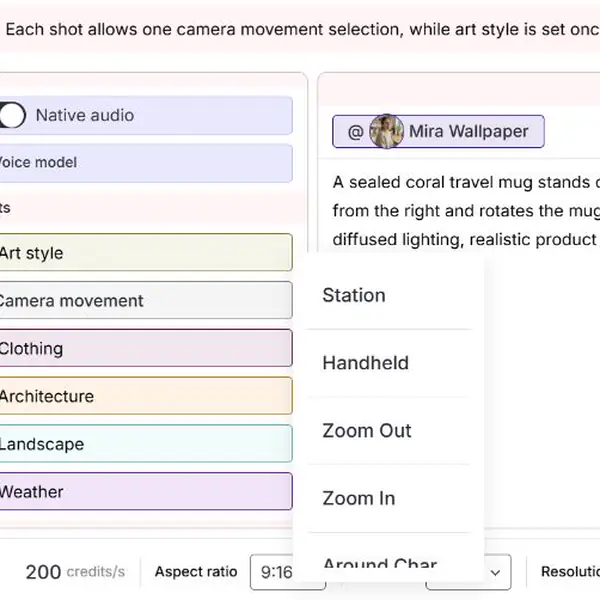 Le menu de mouvement de la caméra APOB AI s'ouvre dans une prise de vue texte en vidéo avec les options Station, Ordinateur de poche, Zoom arrière et Zoom avant.