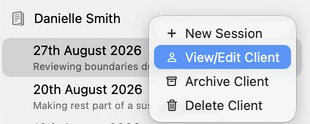 Danielle Smith’s right-click menu in the AirNote sidebar, with View/Edit Client highlighted.