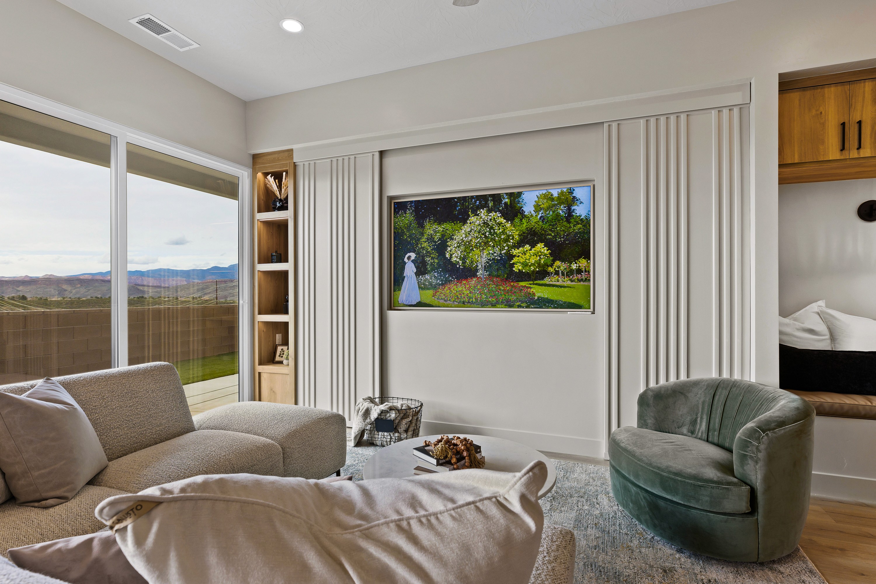 Built-in entertainment center with built in storage in a Hurricane, Utah home.