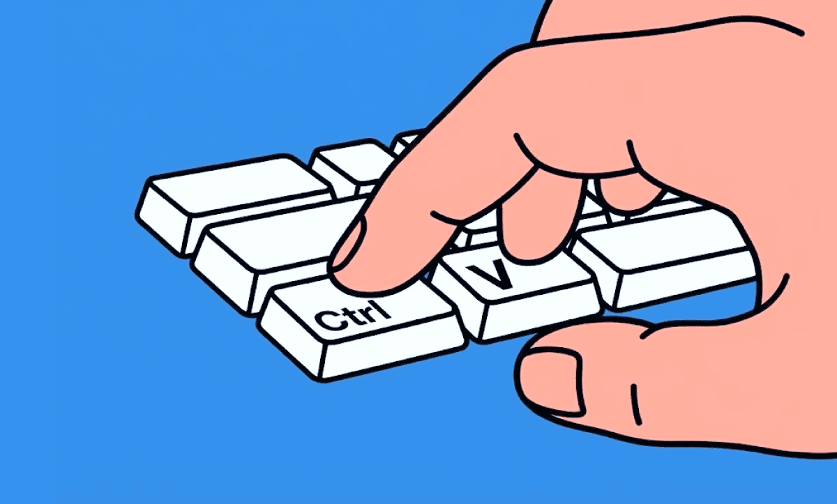 Close-up illustration of a hand pressing Ctrl+V keys on a keyboard, representing paste shortcuts in an editing workflow.