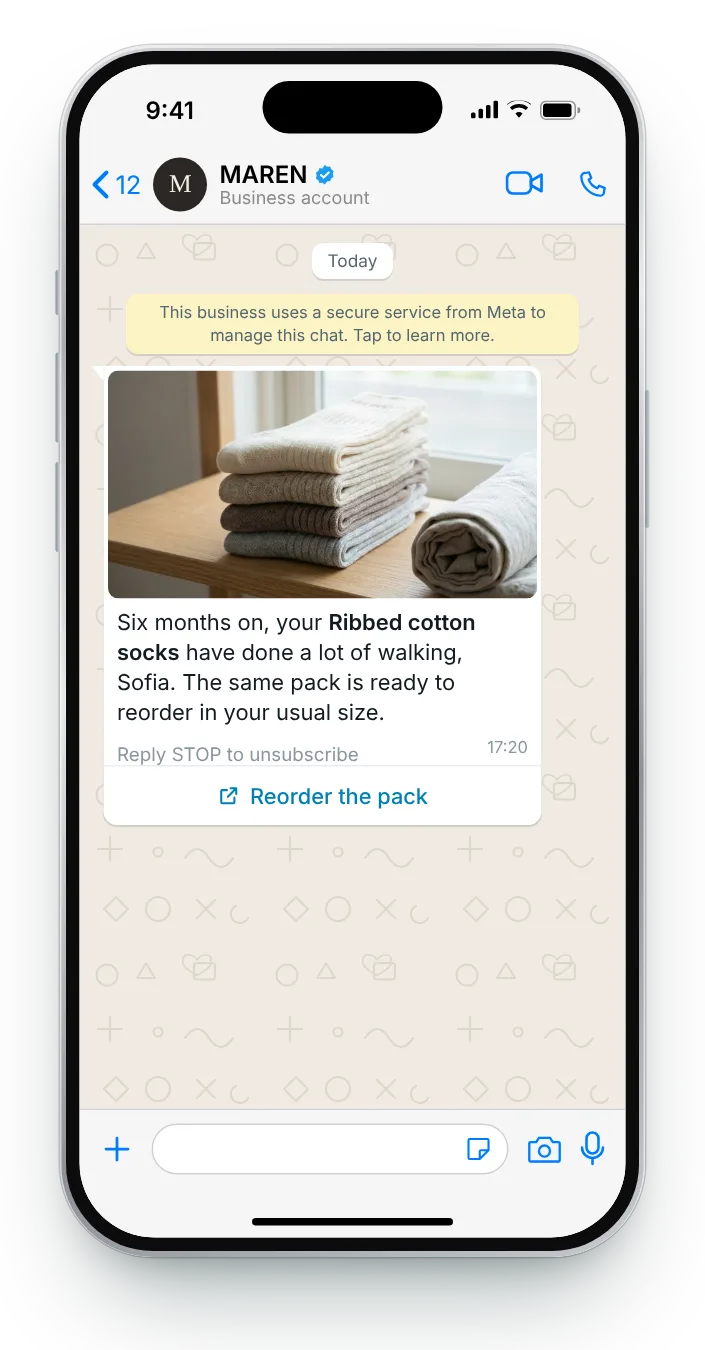 Everyday basics after half a year: WhatsApp reorder reminder on an iPhone