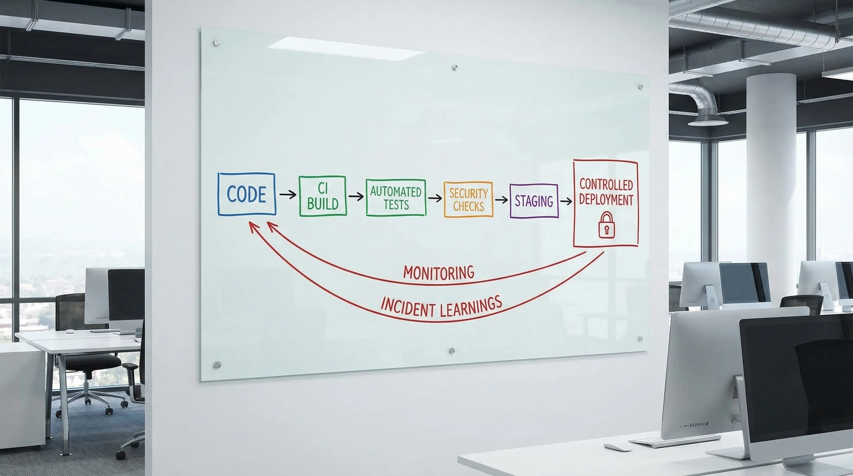 Egyszerű folyamatábra, amely a kódtól a CI builden, automatizált teszteken, biztonsági ellenőrzéseken és stagingen át a kontrollált éles deployig vezet, majd visszacsatolási nyilakkal jelöli a monitoring és incidens tanulságok beépítését.