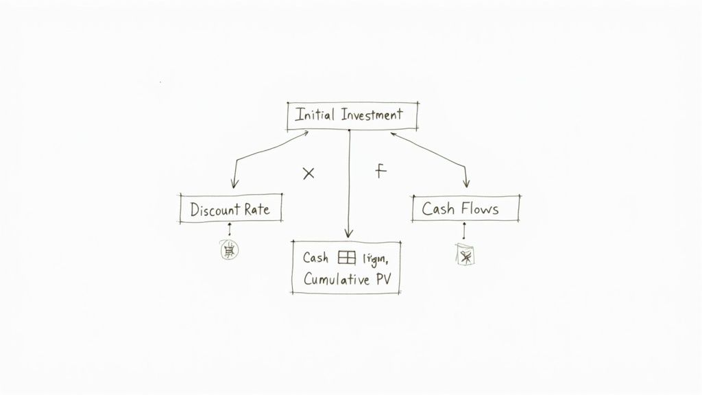 A diagram illustrating the calculation of discounted payback period, showing initial investment, discount rate, and cash flows.